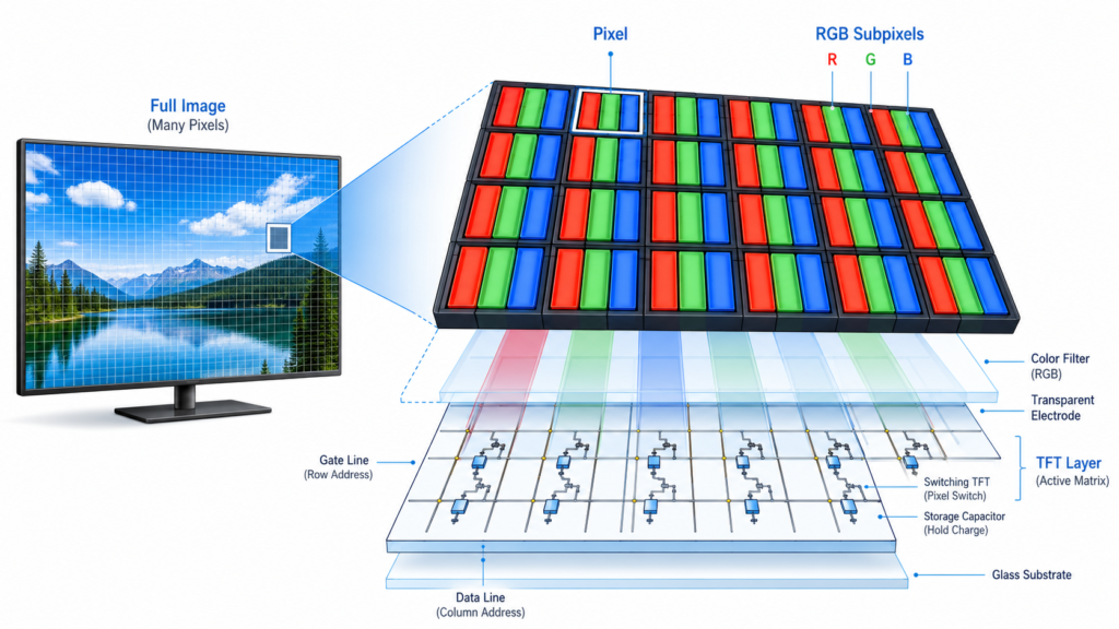 TFT LCD pixel structure showing RGB subpixels and active matrix pixel arrangement