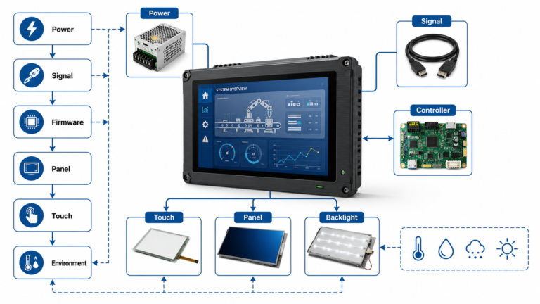 How to Identify and Repair Defects in Industrial Displays 4 Industrial display troubleshooting workflow showing power cable controller board panel touch and environment checks