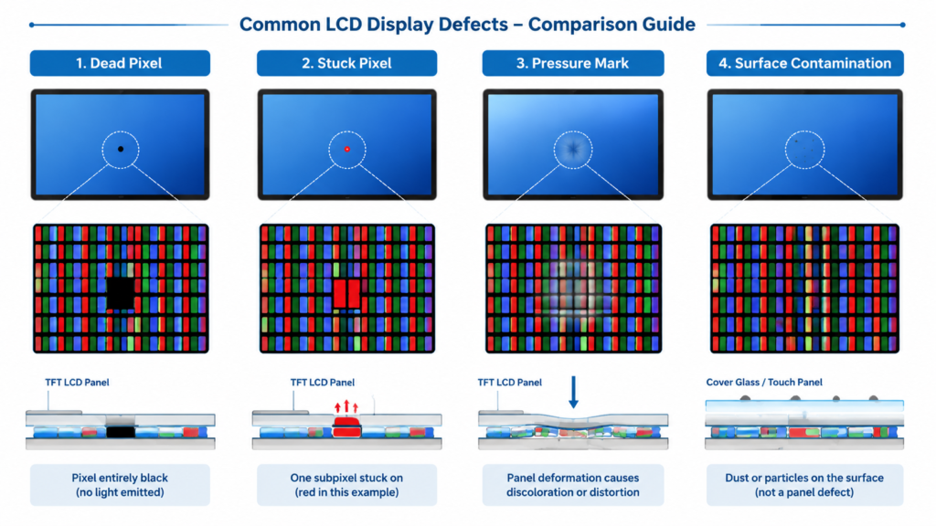 LCD defect comparison showing dead pixel stuck pixel pressure mark and surface contamination