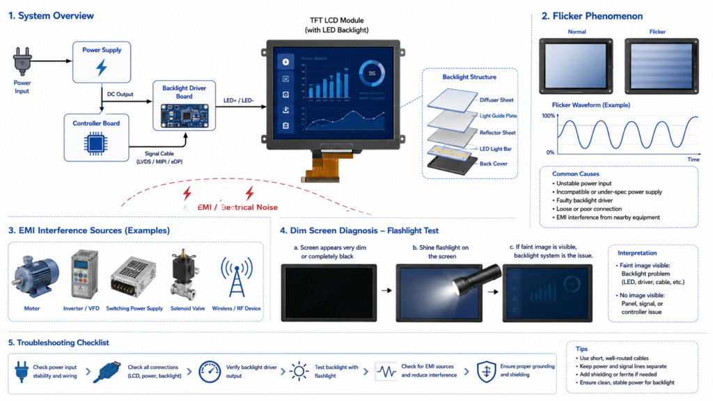 Industrial display troubleshooting workflow showing power cable controller board panel touch and environment checks