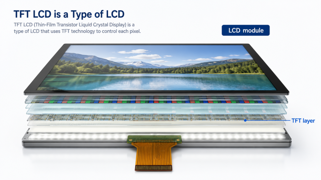 LCD module cross section showing TFT layer as part of an LCD display structure