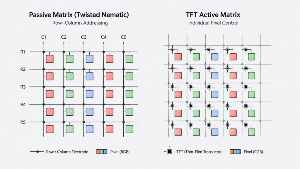 Passive matrix LCD and TFT active matrix pixel control comparison
