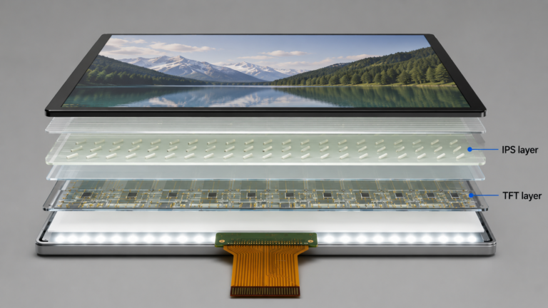 Was ist der Unterschied zwischen IPS- und TFT-LCD? 1 IPS TFT LCD cross section showing IPS liquid crystal layer and TFT active matrix layer