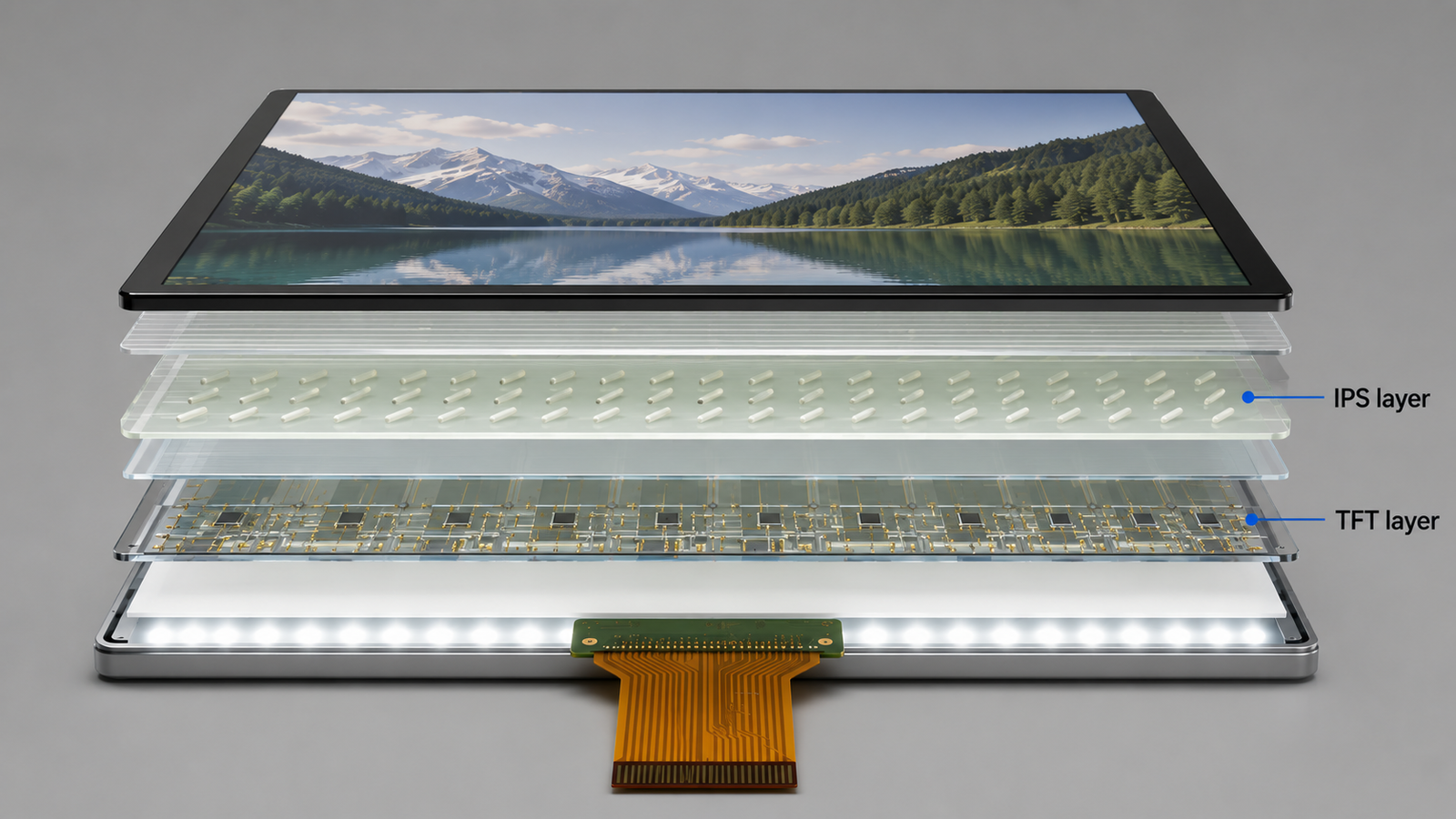 IPS TFT LCD cross section showing IPS liquid crystal layer and TFT active matrix layer