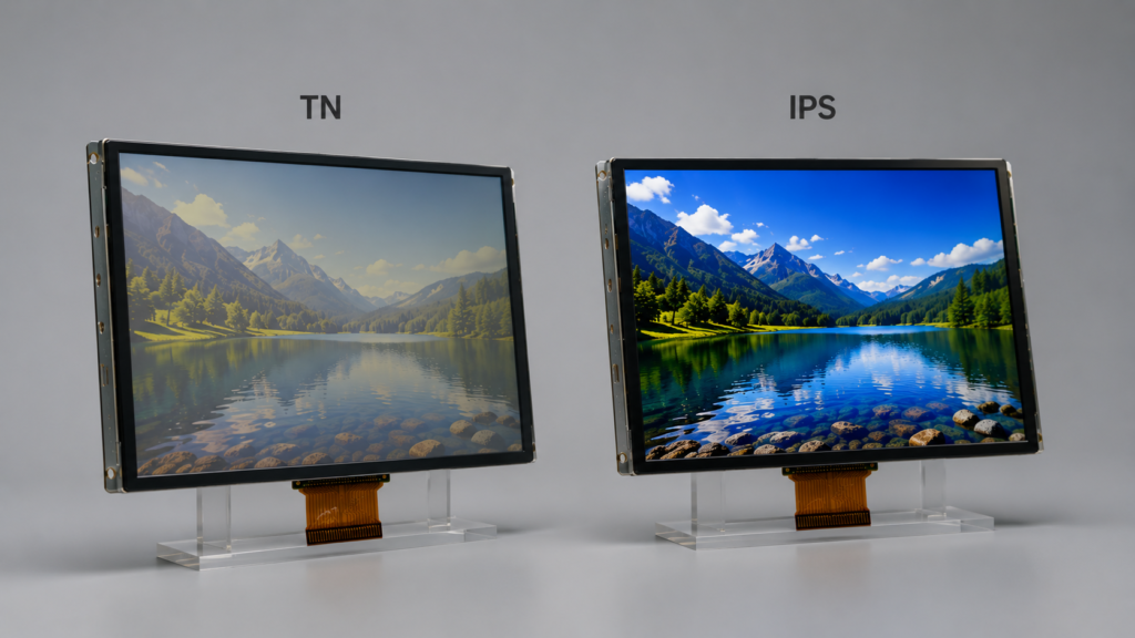 TN and IPS TFT LCD viewing angle comparison with side-view color stability difference