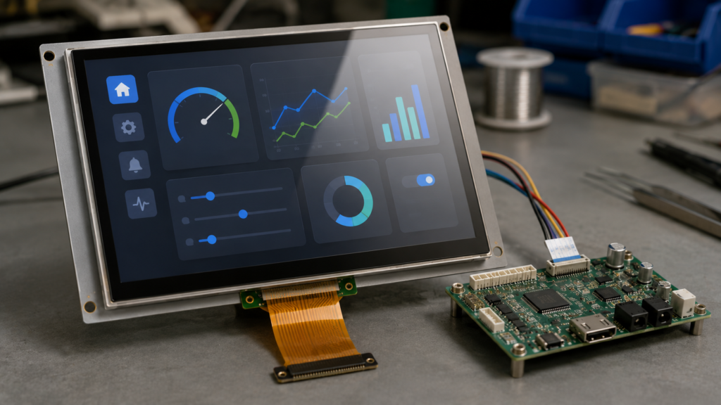 IPS TFT LCD module evaluation setup with controller board FPC cable and specification sheet