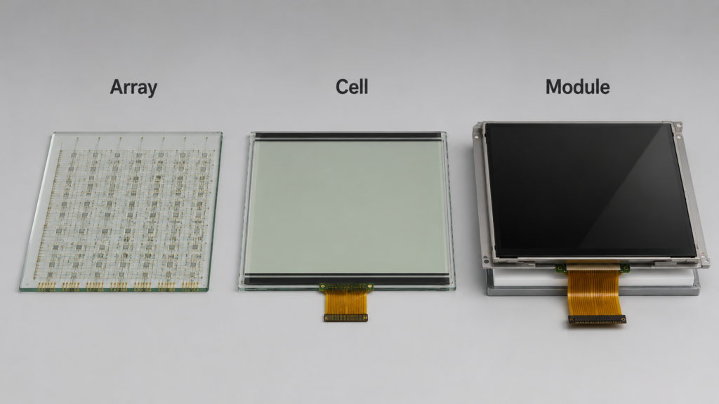 TFT-LCD manufacturing stages showing array glass LCD cell and finished display module