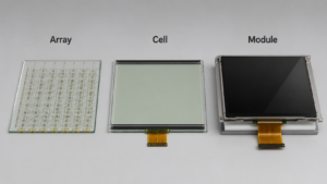TFT-LCD manufacturing stages showing array glass LCD cell and finished display module