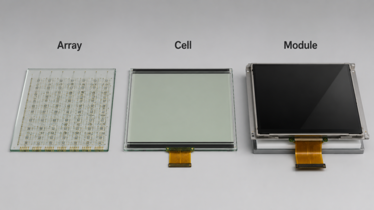 What Are the Manufacturing Processes for TFT-LCDs? 10 TFT-LCD manufacturing stages showing array glass LCD cell and finished display module