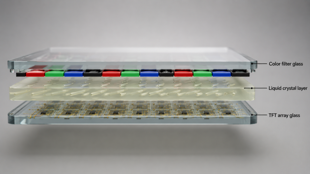 LCD cell assembly cross section showing TFT glass color filter glass and liquid crystal layer