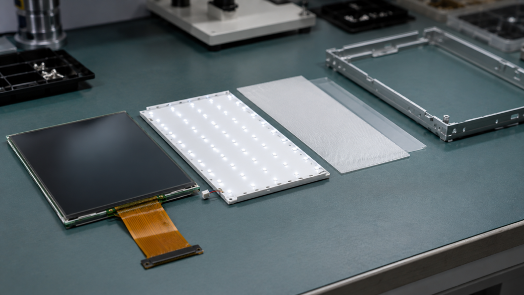 TFT-LCD module assembly with LCD cell LED backlight diffuser frame and FPC connector