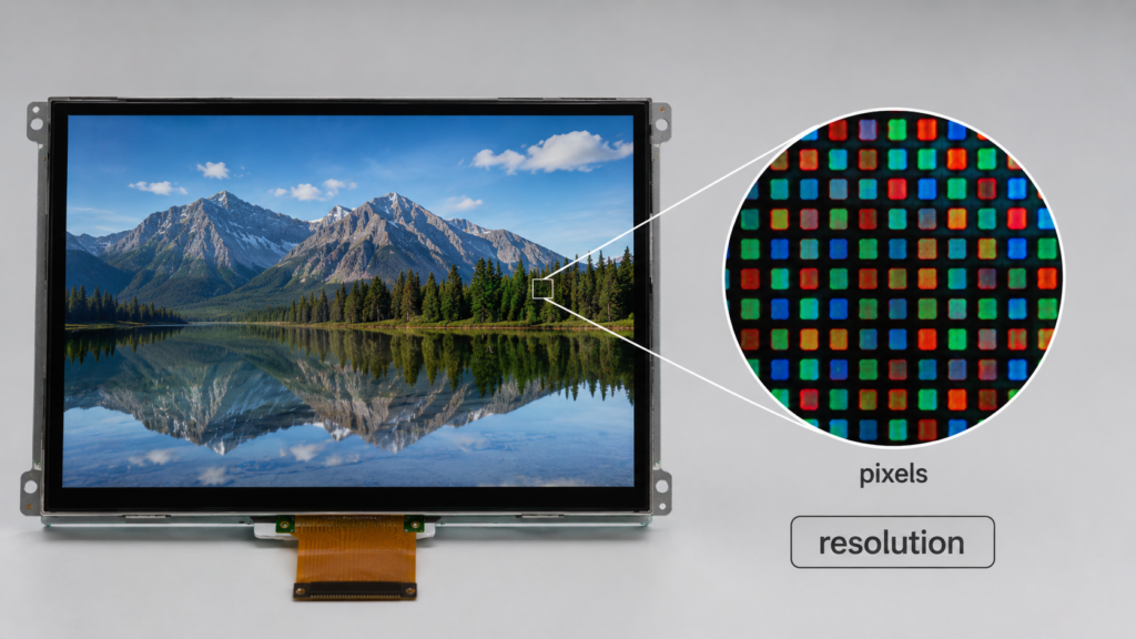 LCD resolution illustration showing a screen with magnified RGB pixel grid