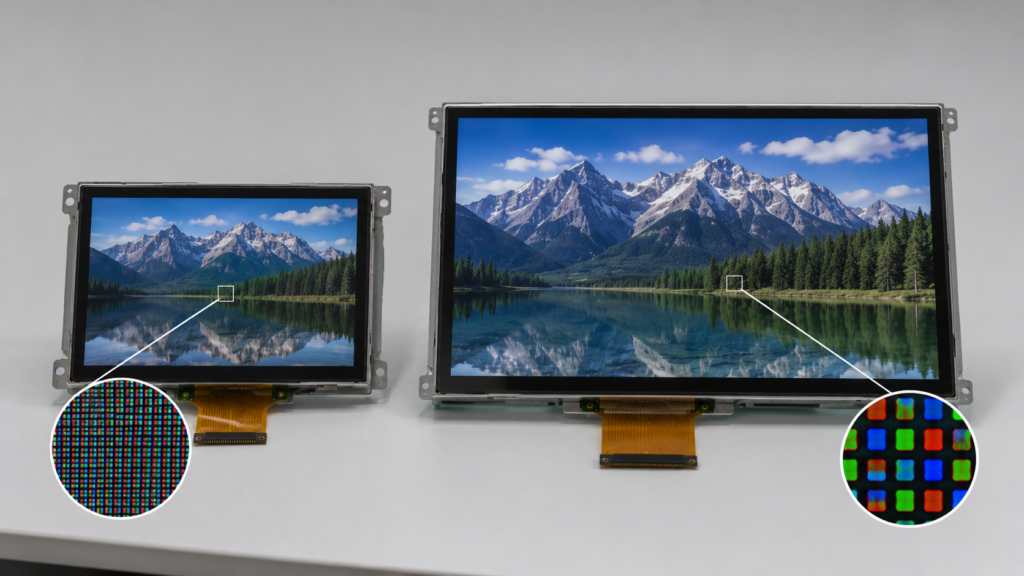 Same LCD resolution shown on different screen sizes to explain pixel density