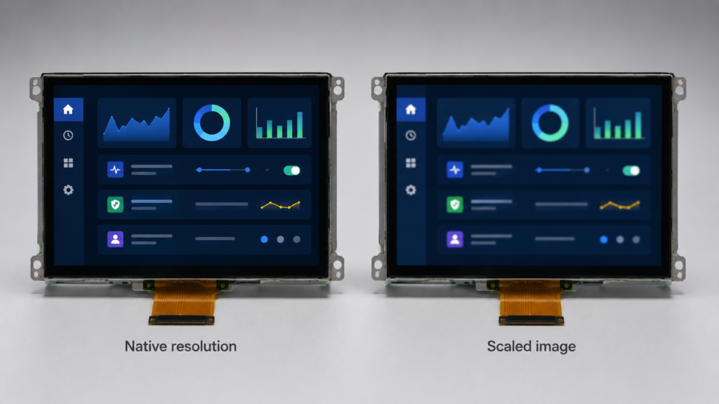 Native LCD resolution compared with scaled image showing sharper and softer UI rendering
