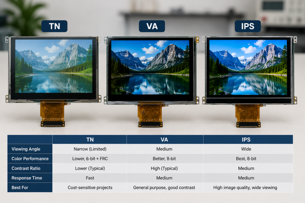 TN vs VA vs IPS: LCD Panel Differences Explained 1 TN vs VA vs IPS TFT LCD panel comparison with three display modules