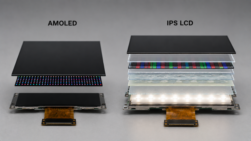 AMOLED vs IPS display structure showing self-emissive pixels and IPS LCD backlight layers
