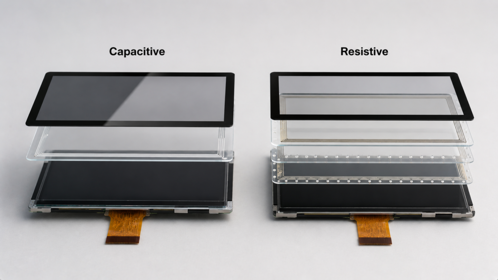 Capacitive vs resistive touchscreen structure showing glass sensor layer and pressure layers