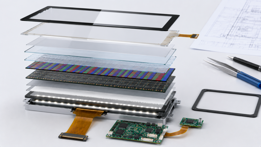 TFT LCD module composition showing polarizer, liquid crystal layer, color filter, backlight, driver IC, FPC, and touch panel