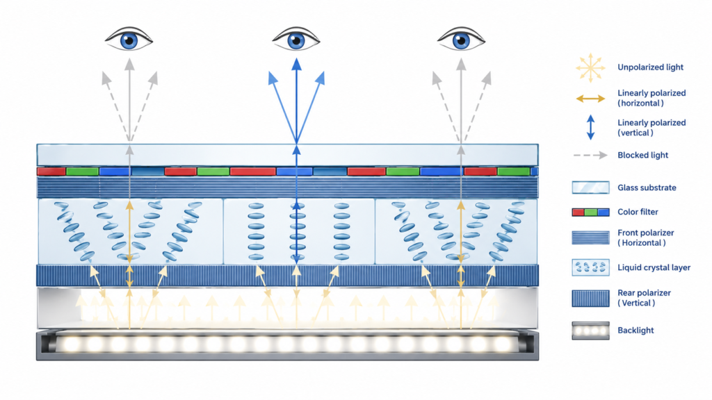 LCD polarizer cross-section showing how polarized light passes through the liquid crystal layer