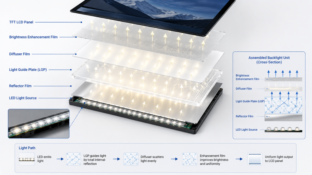 LCD backlight unit structure showing LED source, light guide plate, diffuser, reflector, and TFT LCD panel