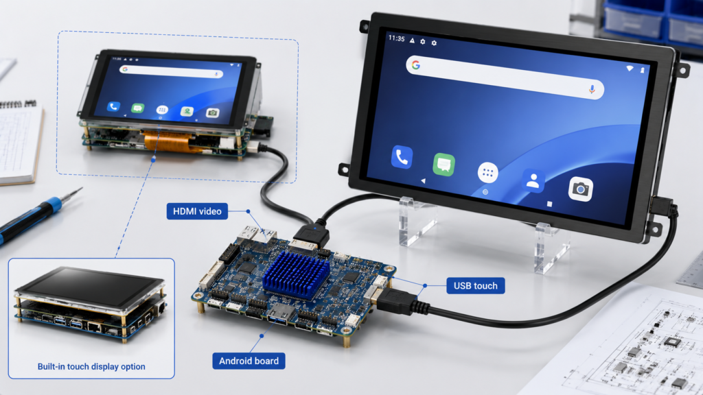 Android controller board connected to HDMI touch display with HDMI video and USB touch signal paths