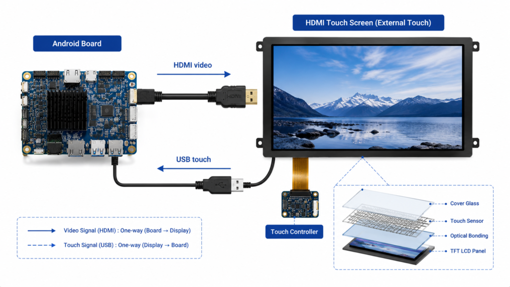 HDMI touch screen signal diagram showing HDMI video output and USB touch input