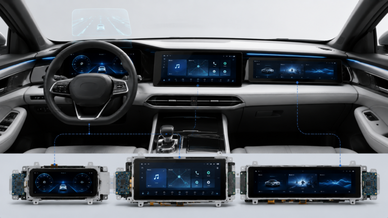 Automotive-grade displays integrated into a smart vehicle cockpit with instrument cluster and infotainment screens