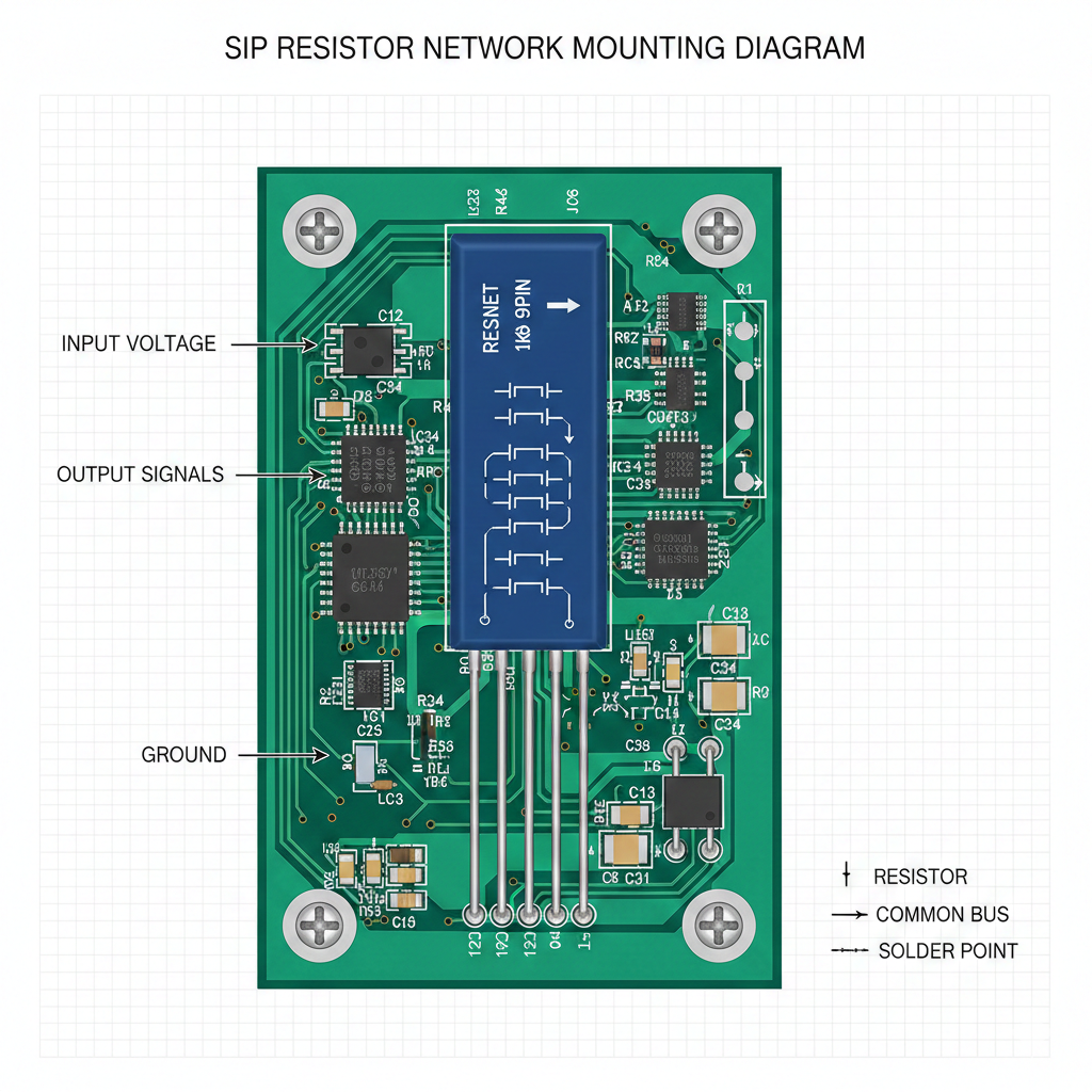 single inline package resistor network mounted vertically on an industrial PCB.