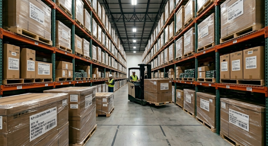 Naviguer dans les Eaux Profondes de l'Approvisionnement en Écrans : Fabricants de Panneaux LCD vs Fournisseurs en 2026 3 Warehouse inventory shelves heavily stocked with ready-to-ship screens from a reliable lcd supplier and distributor