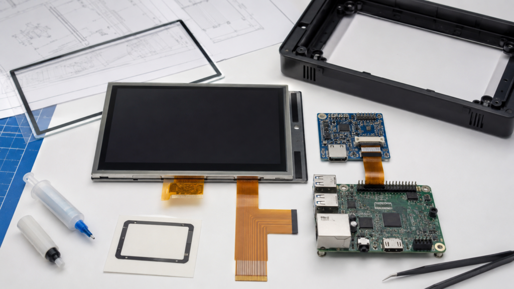 TFT LCD module with touch screen, controller, cover glass, FPC cables, host board, and enclosure