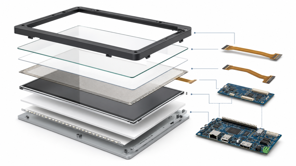 Complete TFT touch display assembly with LCD, sensor, controller, cover glass, bonding, and separate FPC cables
