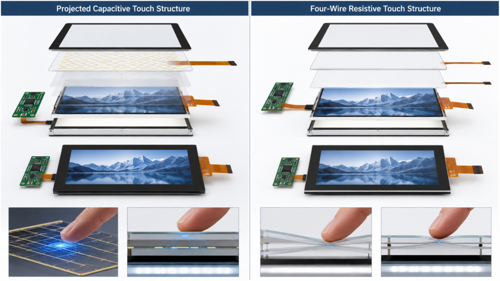Projected capacitive and resistive touch structures for TFT LCD modules