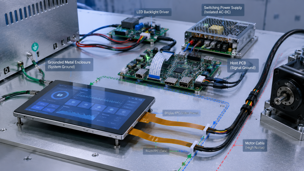 Electrical noise, grounding, backlight, power, and cable considerations for a capacitive touch display