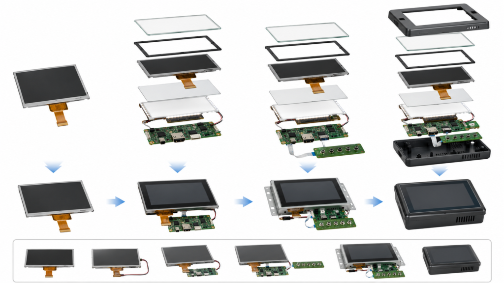 Standard, configured, semi-custom, and integrated TFT LCD display project levels