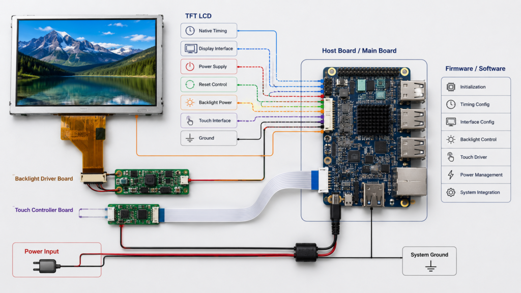 TFT LCD interface, FPC, connector, host board, power, backlight, touch, and firmware coordination