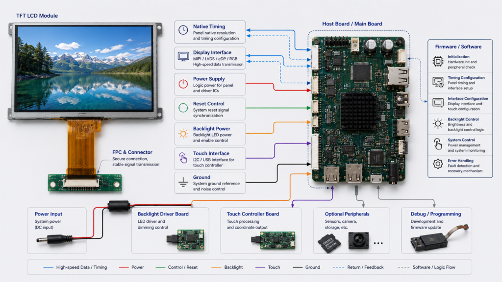 TFT LCD interface, FPC, connector, host board, power, backlight, touch, and firmware coordination