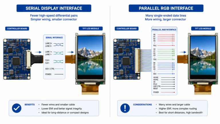 Serial vs parallel display interface comparison for TFT LCD module integration