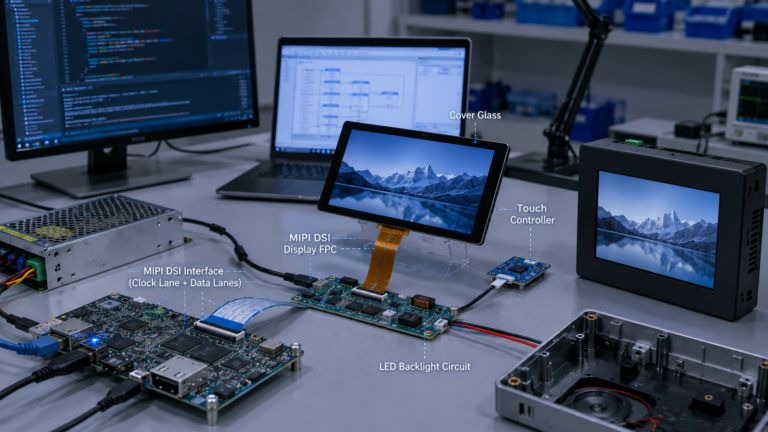 Custom MIPI TFT LCD display with host board, DSI lanes, touch, backlight, FPC, firmware, and enclosure