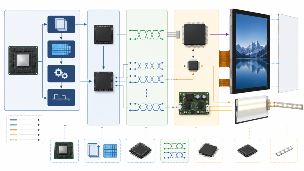 MIPI DSI display architecture from application processor and D-PHY to the TFT LCD module