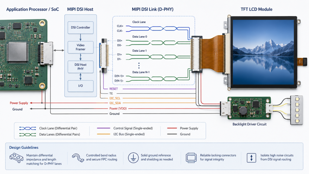 MIPI DSI clock lane, data lanes, connector, FPC, power, reset, and backlight connections