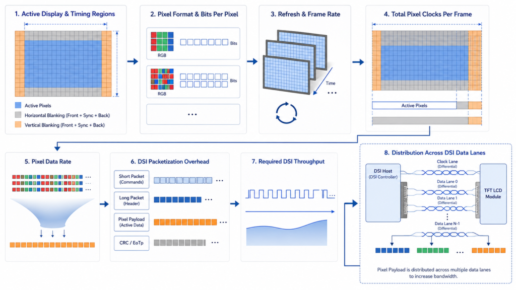 Pixel timing, blanking, pixel format, and DSI lane factors in MIPI display throughput