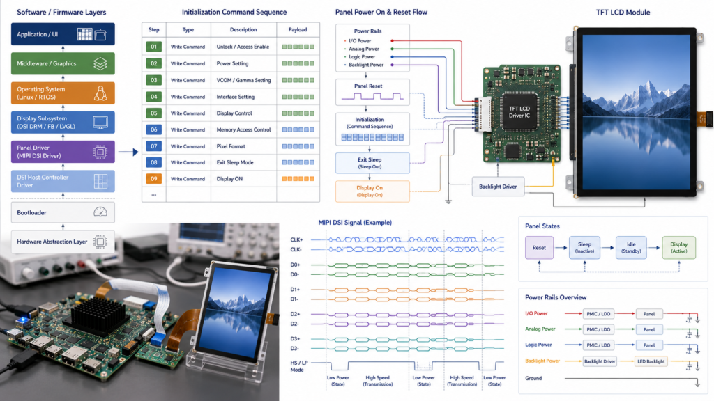 Driver IC, initialization commands, reset, power, and firmware for a MIPI TFT LCD