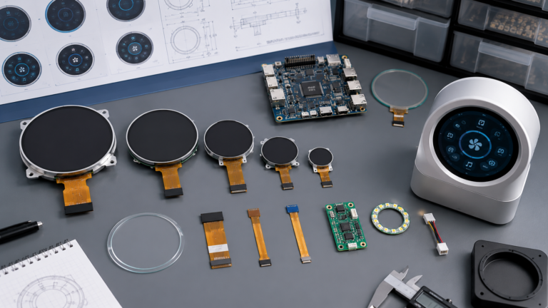 Round LCD display selection with touch, cover glass, host board, FPC, backlight, UI, and enclosure