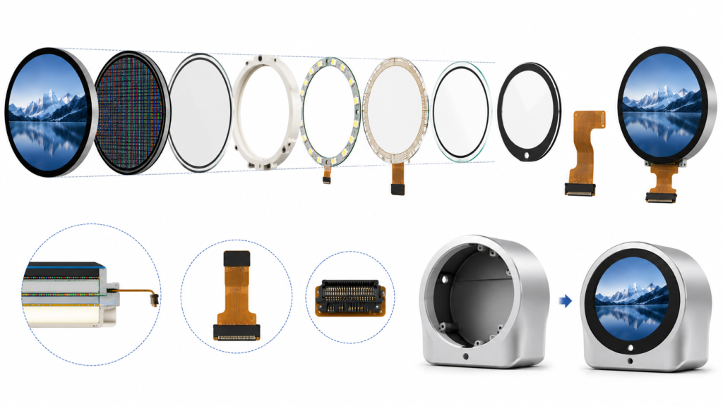 How to Choose a Round LCD Display for OEM Products 2 Round LCD active area, viewing area, module outline, touch sensor, cover glass, backlight, and FPC