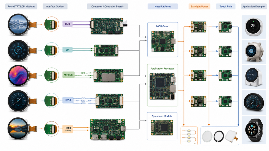 How to Choose a Round LCD Display for OEM Products 3 RGB, MIPI DSI, LVDS, controller board, touch, and backlight paths for round LCD integration