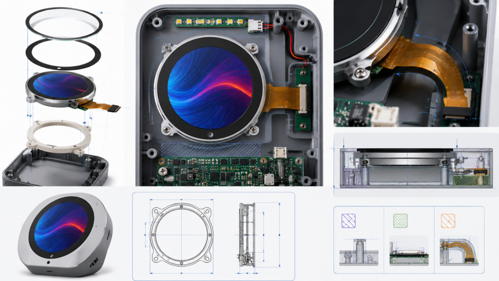 How to Choose a Round LCD Display for OEM Products 4 Mechanical integration of a round LCD, FPC, connector, PCB, cover glass, supports, and enclosure