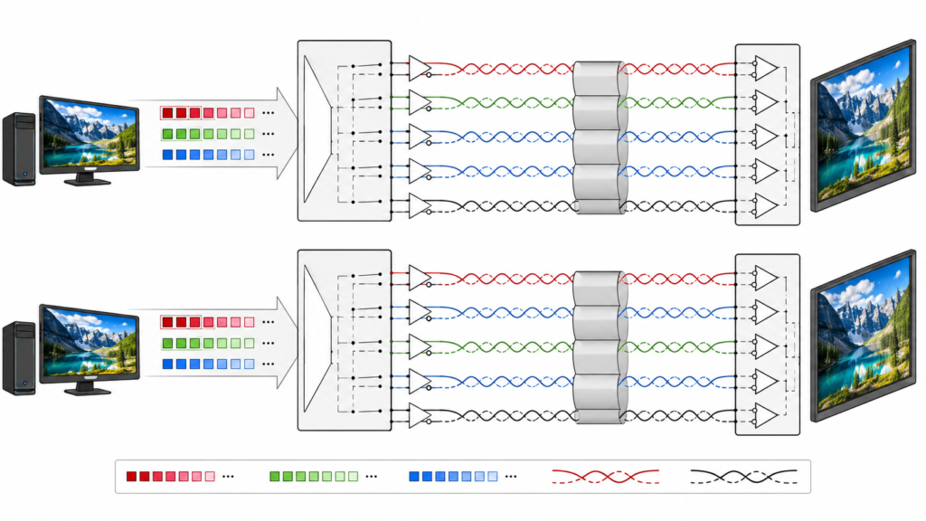 Conceptual comparison of two RGB bit-order mappings across LVDS differential lanes