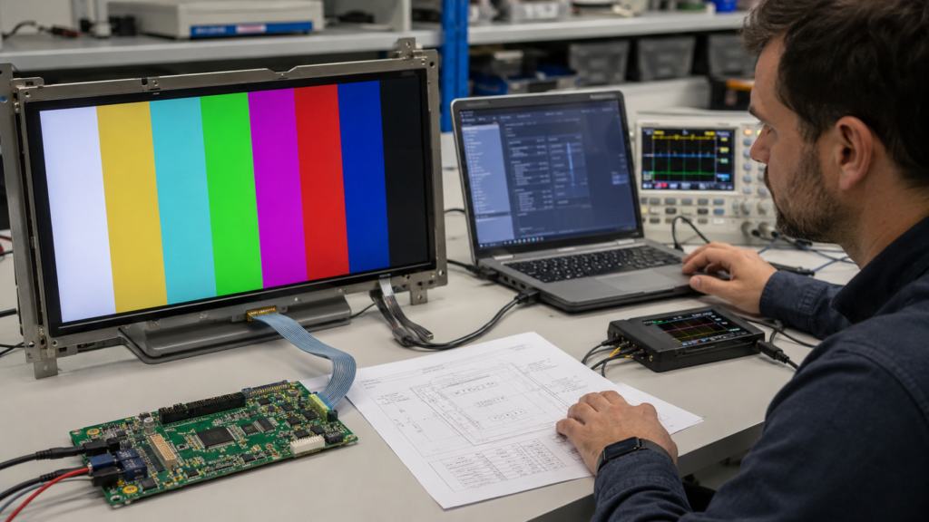 Engineer diagnosing stable but incorrect colors on an LVDS TFT LCD system