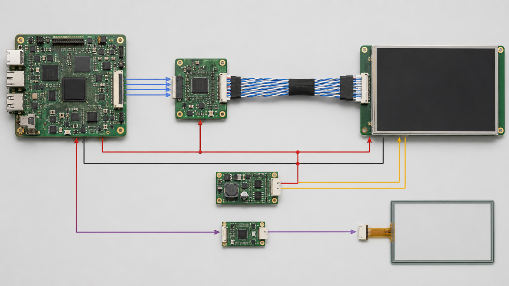 Embedded LVDS display architecture with separate video, backlight, power and touch paths