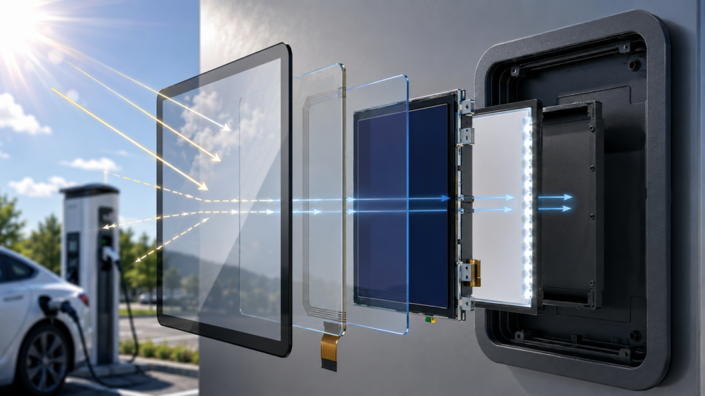 Exploded optical stack of an outdoor EV charging station TFT LCD display